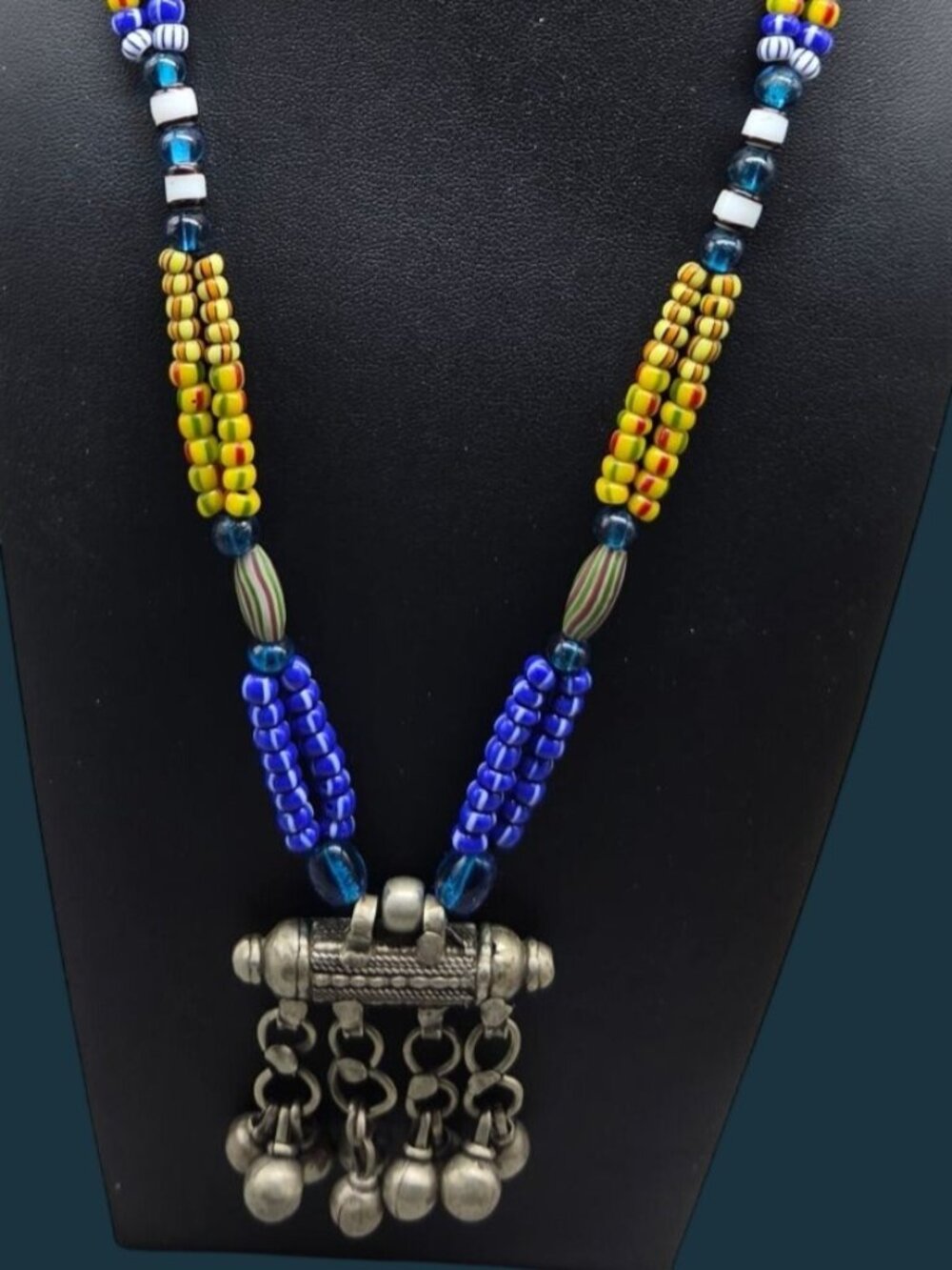 VTG Sterling Silver Trade Bead Ethnic Necklace Yemeni Hirz Amulet Pendant 21"